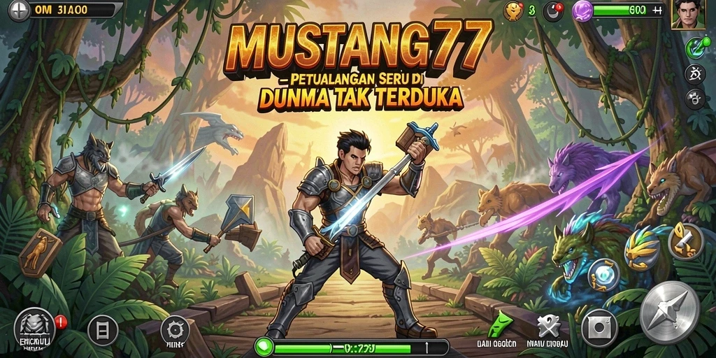 Screenshot utama MUSTANG77 menunjukkan karakter menjelajahi hutan yang misterius.